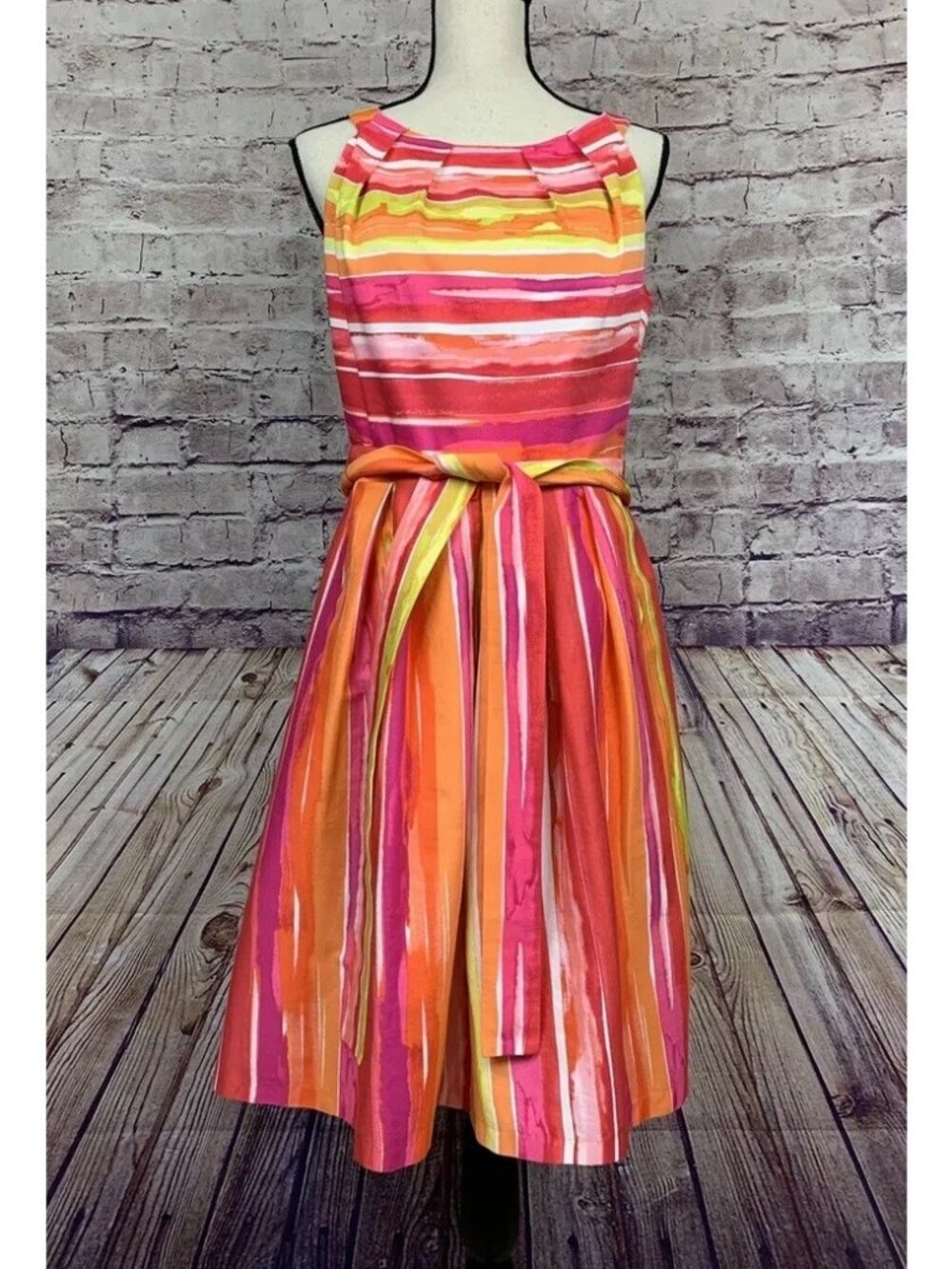 R & K Orange Pink Abstract Belt Tie Sleeveless A Line Dress